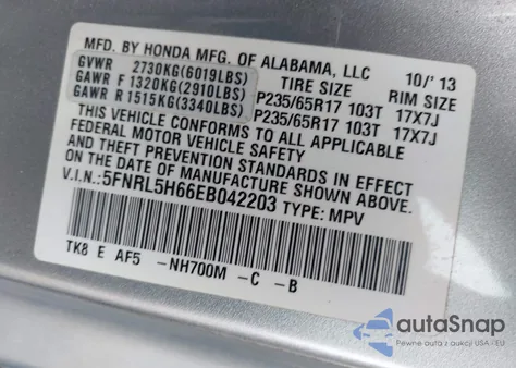 2014 Honda Odyssey Ex-L from USA, damaged, VIN 5FNRL5H66EB042203